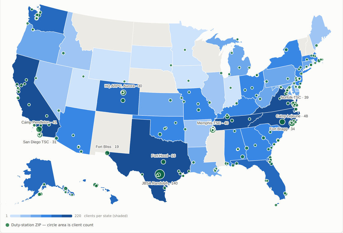 Client last duty station density map across the United States
